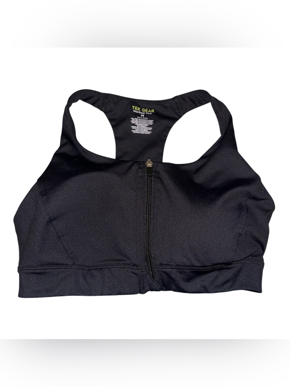 Tek Gear Black Zip Front Sports Bra Medium Racerback Medium Support Workout